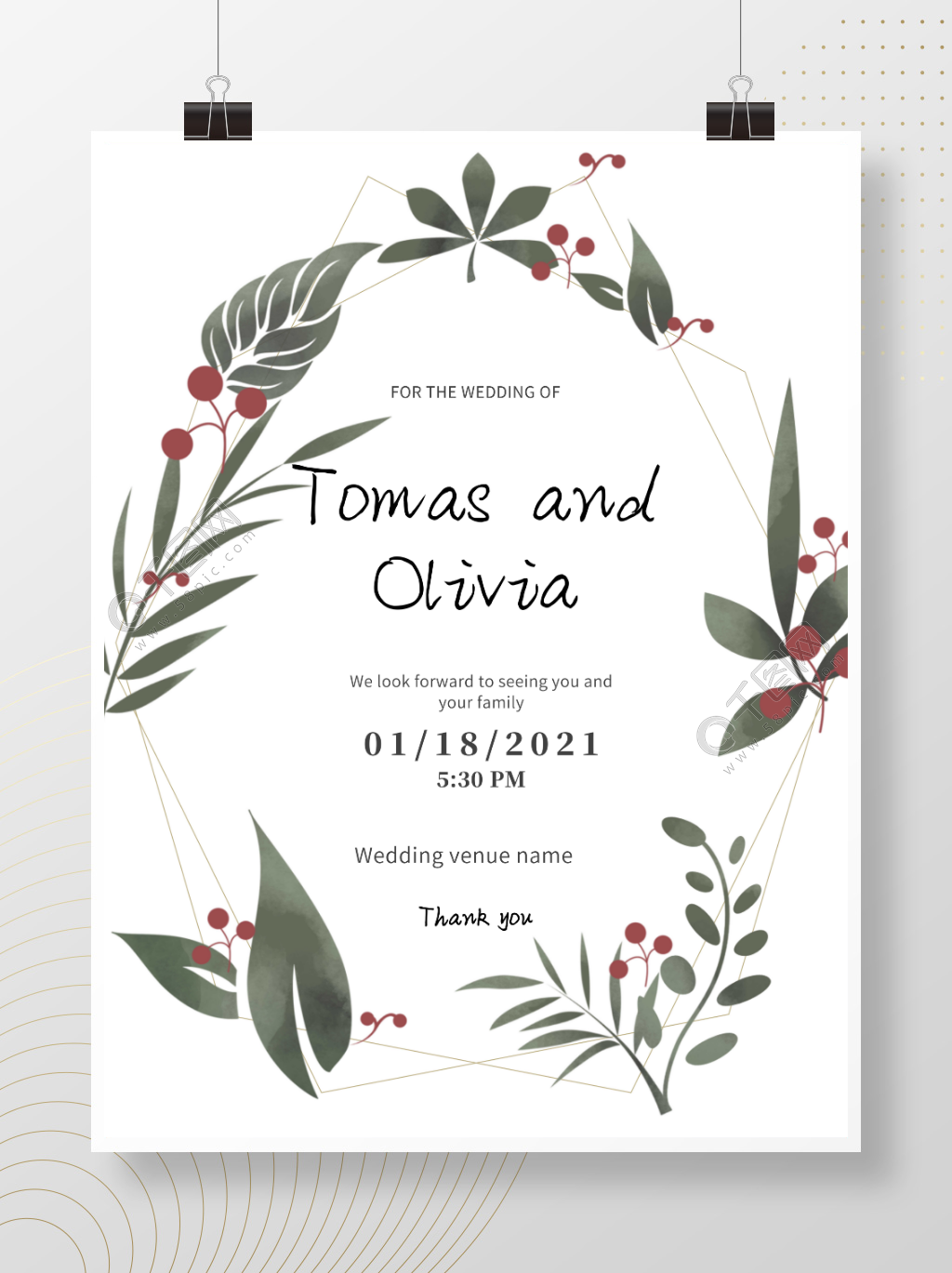 小清新植物边框婚礼邀请函简约海报背景